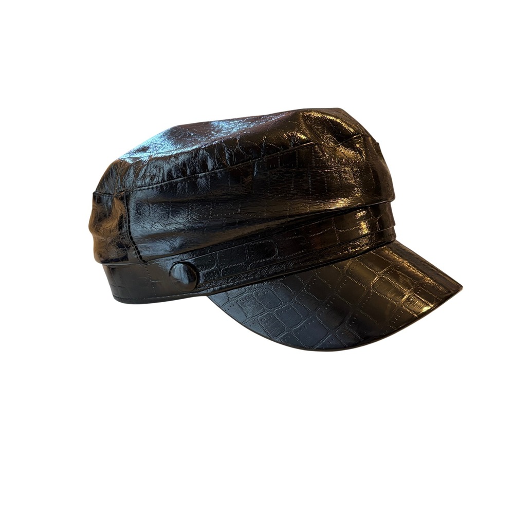 Newsboy Cap Women OS Black Faux Leather Croc Embossed Baker Boy Hat Biker